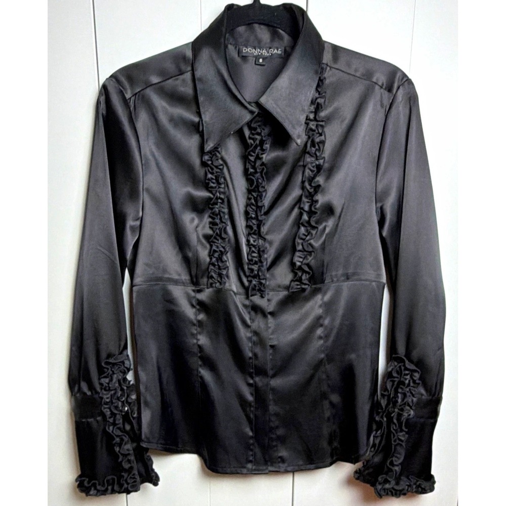 Vintage Donna Rae Black Satin Ruffle Indie Sleaze Pirate Collared Blouse Size 6